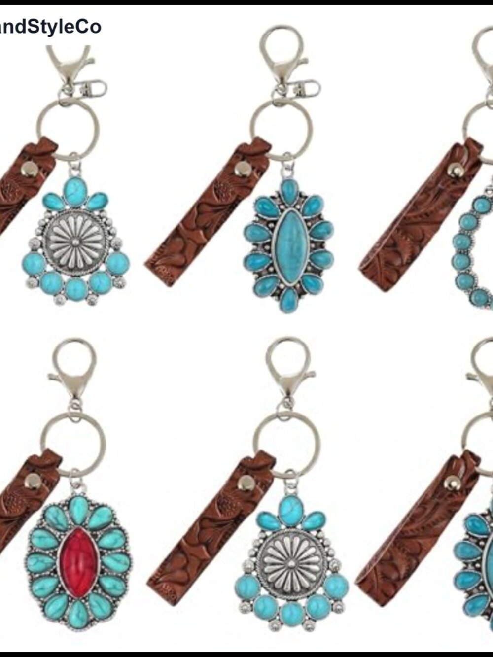 Western Turquoise Keychain 6 Pack PU Leather Cowhide Charm Set